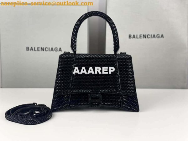 Replica Balenciaga 59283328 Hourglass Top Handle in Black Suede Calfskin with Rhinestones