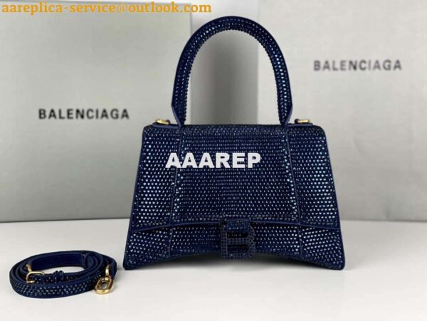 Replica Balenciaga 59283328 Hourglass Top Handle in Navy blue Suede Calfskin with Rhinestones