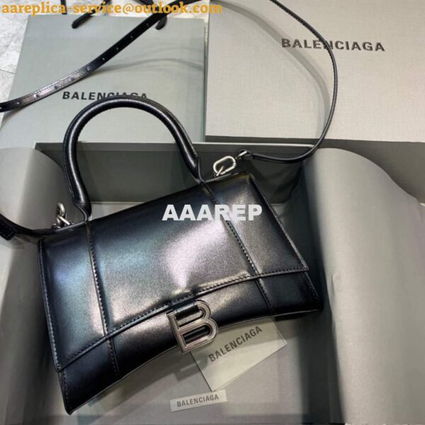 Replica Balenciaga 593546 Hourglass Small Top Handle Calfskin Bag Black Silver 3