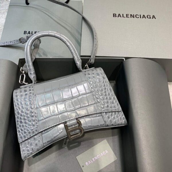 Replica Balenciaga 593546 Hourglass Small Top Handle Crocodile Bag Gray Silver 3