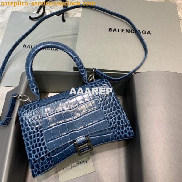 Replica Balenciaga 593546 Hourglass Small Top Handle Crocodile Bag Navy Blue Silver 3