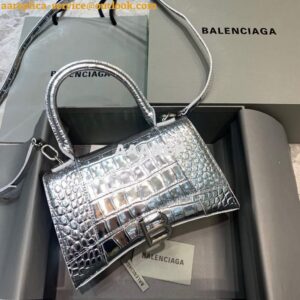 Replica Balenciaga 593546 Hourglass Small Top Handle Crocodile Bag Silver