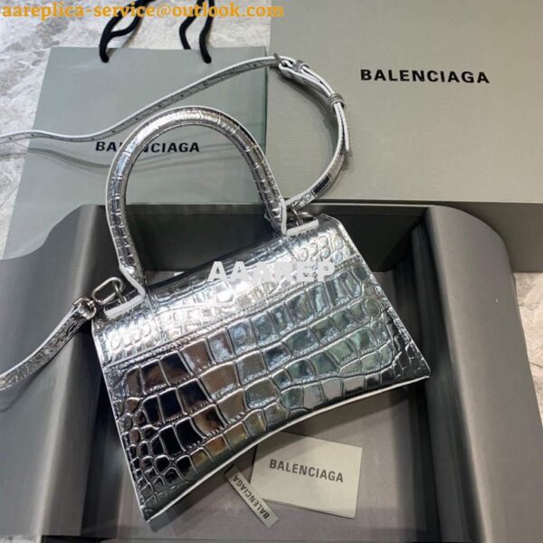 Replica Balenciaga 593546 Hourglass Small Top Handle Crocodile Bag Silver 4