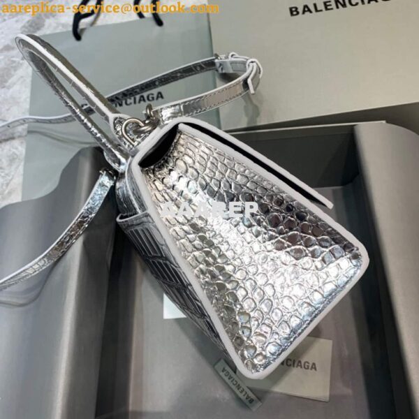 Replica Balenciaga 593546 Hourglass Small Top Handle Crocodile Bag Silver 5