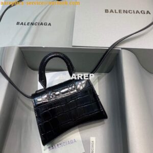 Replica Balenciaga 664676 Hourglass Mini Top Handle Crocodile Bag Black 2