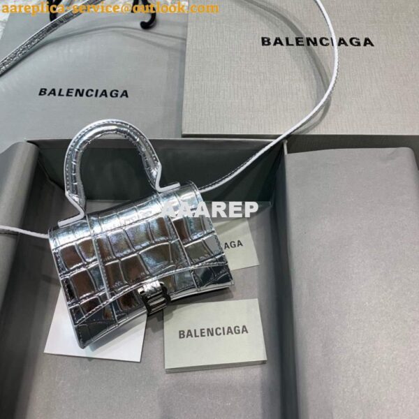 Replica Balenciaga 664676 Hourglass Mini Top Handle Crocodile Bag Silver 3