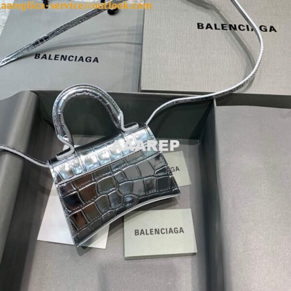 Replica Balenciaga 664676 Hourglass Mini Top Handle Crocodile Bag Silver 4