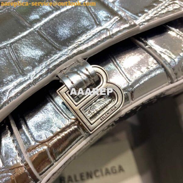 Replica Balenciaga 664676 Hourglass Mini Top Handle Crocodile Bag Silver 7