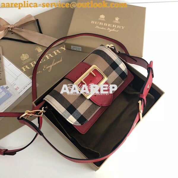 Replica Burberry The Small Buckle Bag in House Check and Red Leather 4