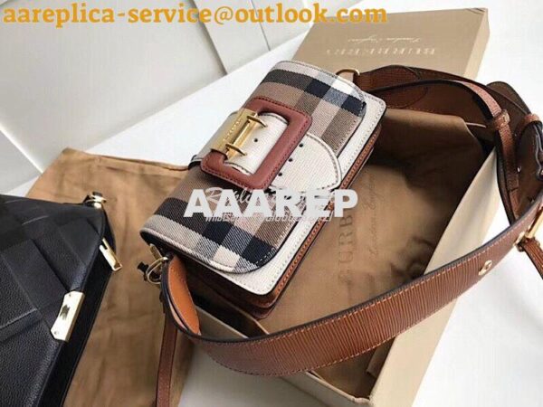 Replica Burberry The Small Buckle Bag in House Check and White Leather 3