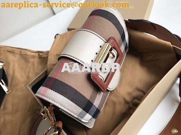 Replica Burberry The Small Buckle Bag in House Check and White Leather 5