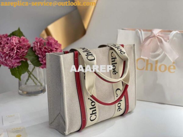 Replica Chloe 383E66616 Medium Woody Tote Bag in Cotton Canvas Red 5