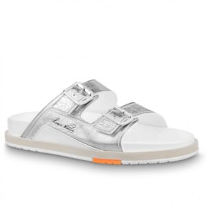 Replica Louis Vuitton LV Trainer Mules In Silver Metallic Leather