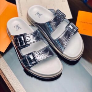 Replica Louis Vuitton LV Trainer Mules In Silver Metallic Leather 2