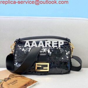 Replica Fendi 8BR792 Medium Baguette 1997 Black Satin Bag with Sequins