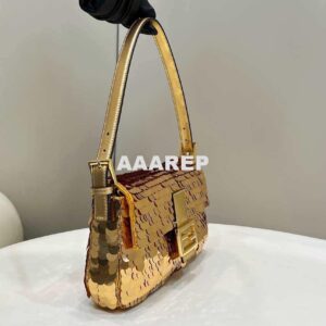 Replica Fendi 8BR792 Medium Baguette 1997 Gold Satin Bag with Sequins 8528 2