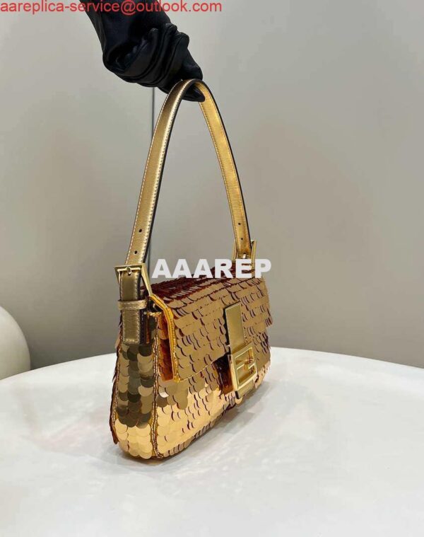 Replica Fendi 8BR792 Medium Baguette 1997 Gold Satin Bag with Sequins 8528 4