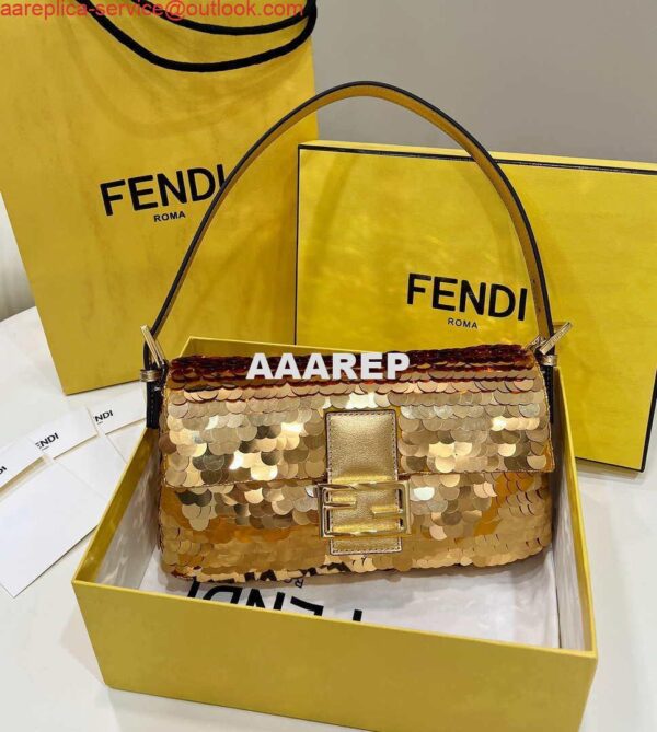 Replica Fendi 8BR792 Medium Baguette 1997 Gold Satin Bag with Sequins 8528 11