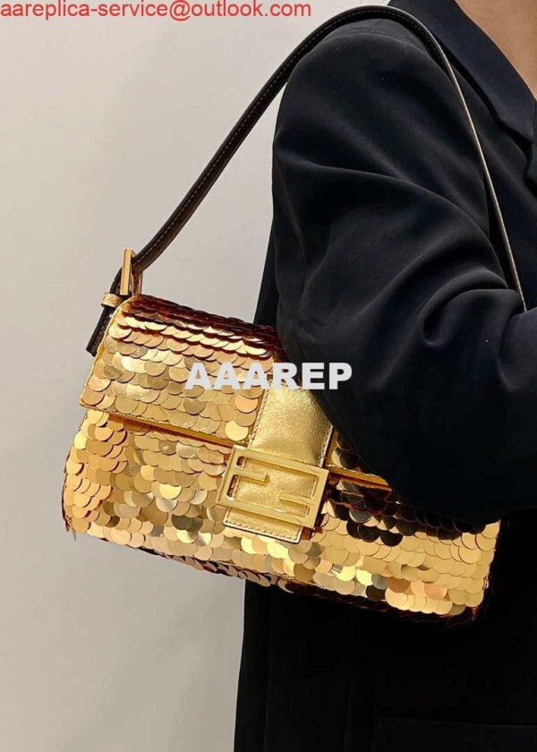 Replica Fendi 8BR792 Medium Baguette 1997 Gold Satin Bag with Sequins 8528 12