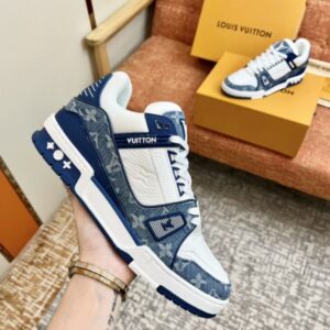 Replica Louis Vuitton LV Trainer Sneakers In Blue Denim with Leather 2