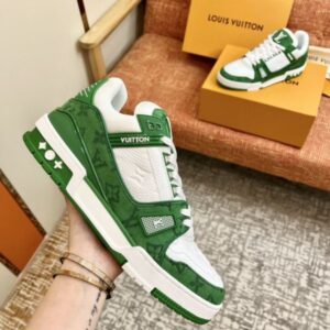 Replica Louis Vuitton LV Trainer Sneakers In Green Denim with Leather 2