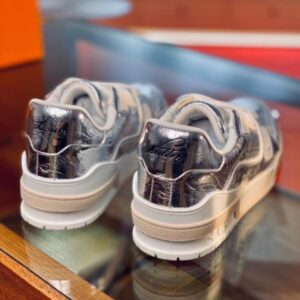 Replica Louis Vuitton LV Trainer Sneakers In Silver Metallic Leather 2