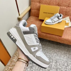 Replica Louis Vuitton LV Trainer Sneakers In White/Grey Leather 2