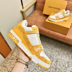 Replica Louis Vuitton LV Trainer Sneakers In Yellow Denim with Leather 2