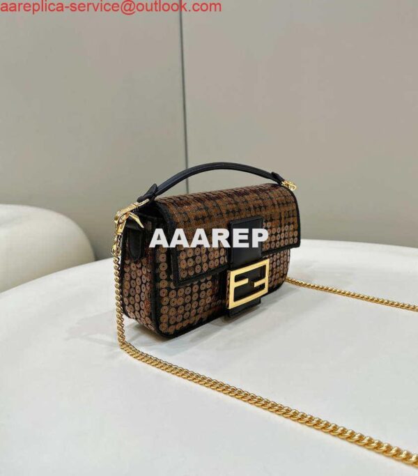 Replica Fendi 8BS017 Mini Baguette Brown FF jacquard fabric bag with sequins 4