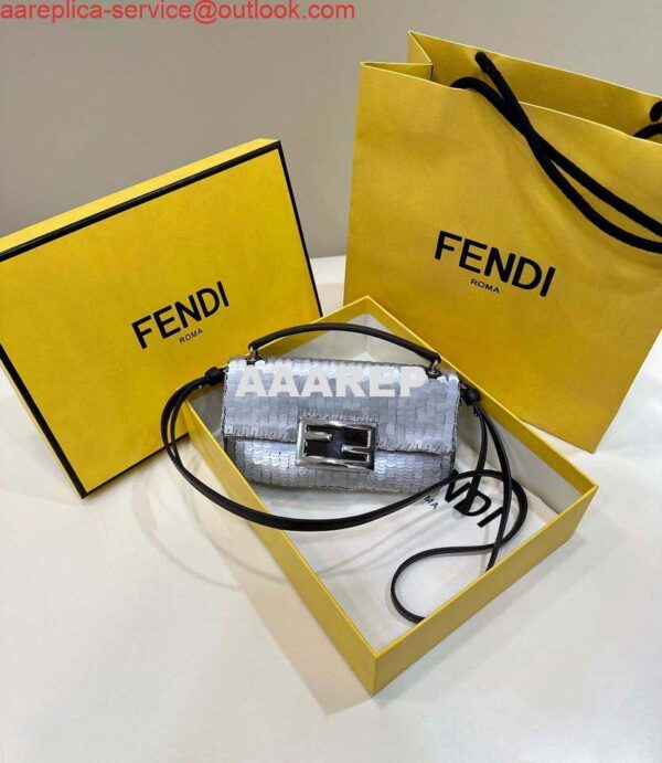 Replica Fendi 8BS017 Mini Baguette Silver sequin and leather bag 8601s 4